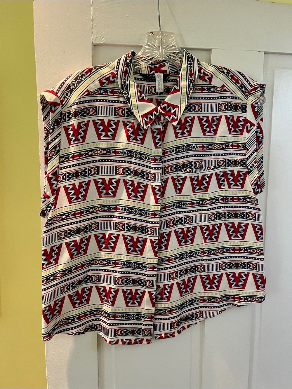 Eleven Paris Aztec-Print Short Sleeve Button Front Top in Red, Black, White
